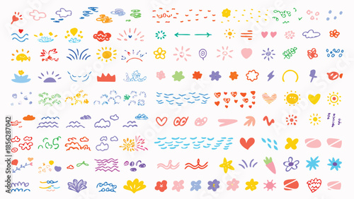 Expression icons. Comic emotion elements, hand drawn expressive symbols. Star, heart and sparks, speech bubbles, exclamation doodles for communication accent. Vector set
