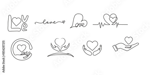 Collection of hand drawn heart and love symbols