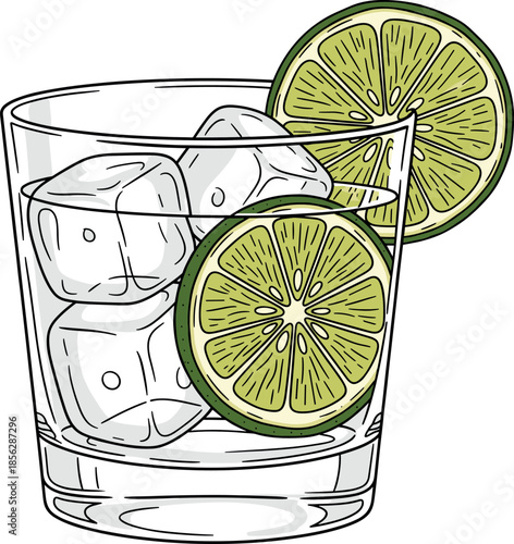 Hand-Drawn Sketch Cocktail Vector Illustration: Rocks Glass Filled with Ice Cubes and Garnished with Bright Green Lime Slices, Ideal for Summer Drink and Bar Menu Design