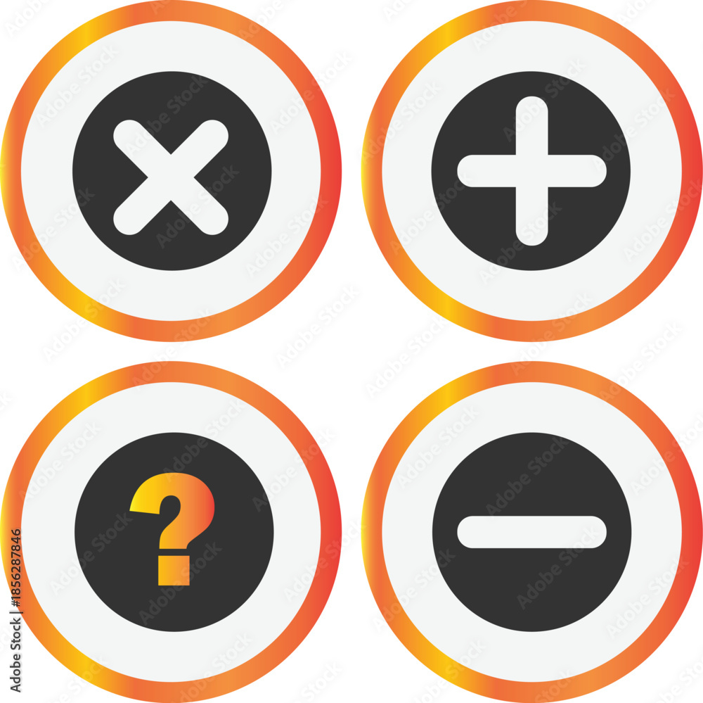 Fototapeta premium Four circular graphic icons featuring common mathematical symbols for addition, subtraction, multiplication, and a question mark, suitable for user interface elements.