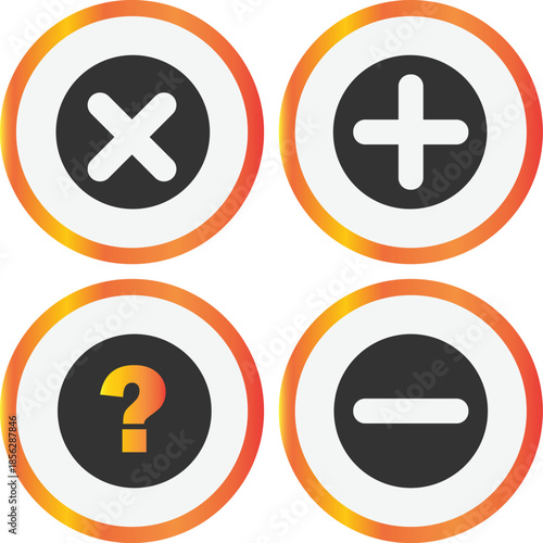 Four circular graphic icons featuring common mathematical symbols for addition, subtraction, multiplication, and a question mark, suitable for user interface elements.