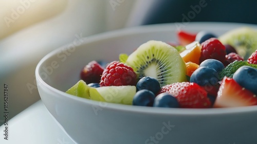Close-up shot of a fruit salad bowl with fresh mixed berries and kiwi