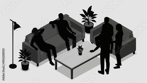 Isometric Illustration of People Relaxing and Socializing in a Living Room Setting.