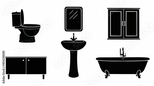 Silhouettes of various bathroom fixtures and furniture pieces.