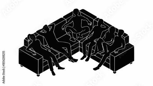 Group of people sitting together on a sectional sofa.