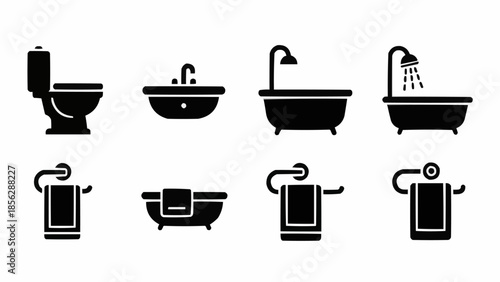 Collection of bathroom icons and symbols in silhouette style.
