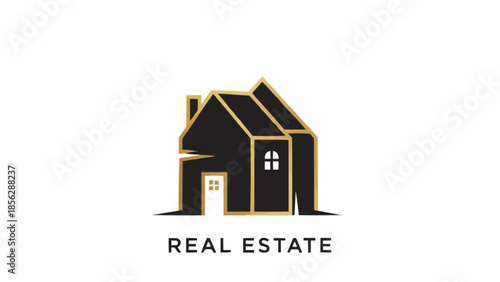Modern Black and Gold House Icon for Real Estate Business.