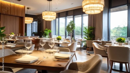 An elegant and modern restaurant interior with beautifully set tables, soft lighting, and large windows offering a view of nature.