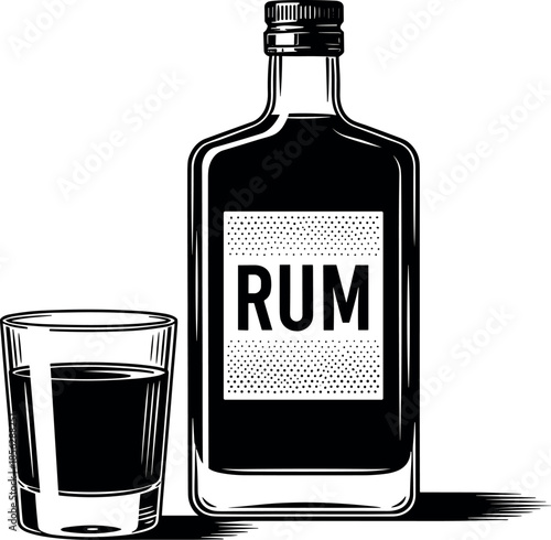 High-Contrast Engraving Style Rum Set Vector: Black and White Illustration of a Classic Spirit Bottle with a Label and a Full Shot Glass, Ideal for Bar and Vintage Graphics