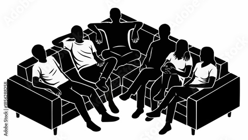 Diverse group of people sitting together on a sectional sofa.