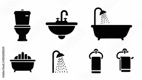 Collection of bathroom icons representing plumbing fixtures and accessories.