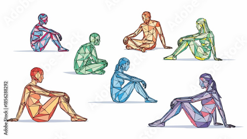 Diverse group of figures in seated poses with colorful geometric outlines.