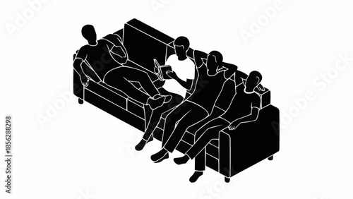 Group of friends relaxing together on a sofa reading a book.