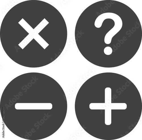 Four dark grey circular icons with white symbols representing multiplication, question, minus, and plus signs, commonly used in mathematics and user interfaces.