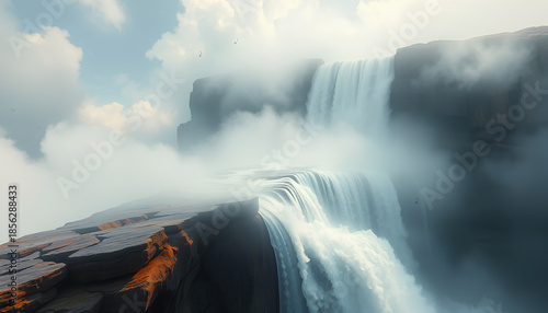 Piano keys cascading like a waterfall over the edge of a cliff, surrounded by mist and floating music notes, fantasy art 2