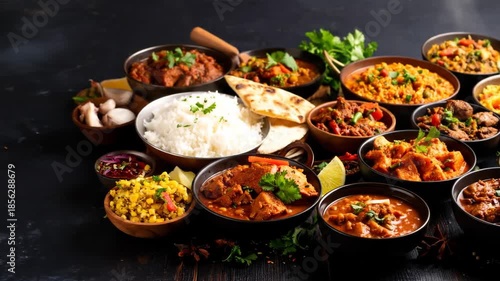 A vibrant collection of various spicy stews, fluffy rice, and warm flatbread in bowls, showcasing a rich culinary spread on a dark background.