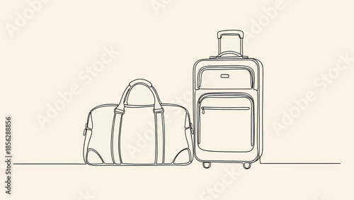 Minimalist Continuous Line Art Illustration of Travel Suitcase and Duffle Bag