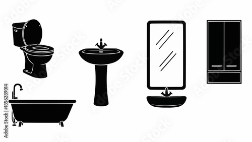 Bathroom fixtures set silhouette isolated on white background.
