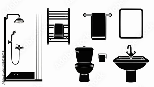 Collection of bathroom elements in silhouette style.
