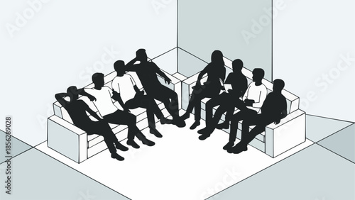 Group of people sitting on sofas in a meeting room.