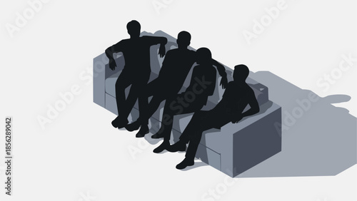 Silhouettes of four people sitting together on a modern sofa.