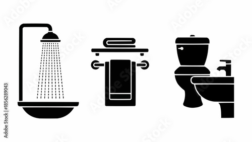 Bathroom icons depicting shower toilet and towel rack.