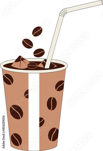 Iced coffee in a disposable cup vector illustration, featuring a coffee bean pattern wrap and floating beans, symbolizing cool refreshment and rich flavor.