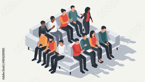 Diverse group of people sitting on a modern sofa waiting.