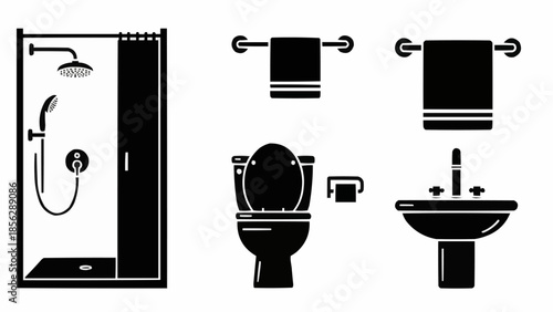 Bathroom fixtures icons set black and white illustration.