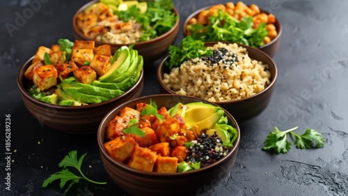 A vibrant assortment of healthy and nutritious power bowls filled with fresh ingredients on a dark background.