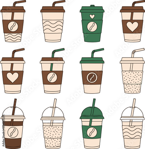 Large vector collection of twelve disposable takeaway coffee cups, featuring cold and hot drinks with heart, bean logo, and diverse graphic patterns for cafe branding.