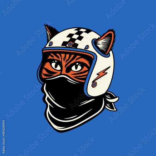 Retro Biker Cat: Vintage Racer Feline with Helmet and Bandana