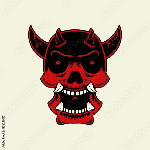 Red and Black Oni Demon Mask Illustration