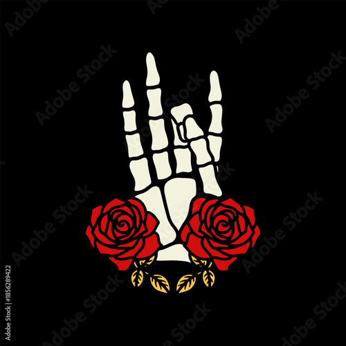 Rock and Roll Skeleton Hand with Red Roses