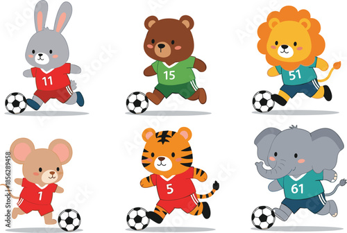 Cute animal characters playing soccer featuring rabbit bear lion mouse tiger and elephant in sports jerseys for kids football team branding and stickers.