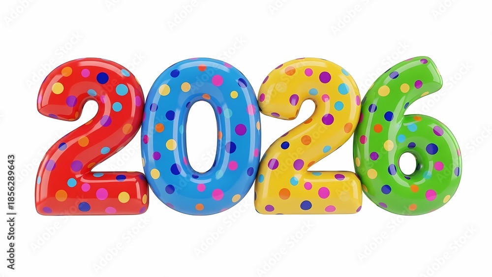 Fototapeta premium Colorful 3D numbers '2026' with polka dots on a white background