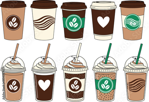 Large vector set of ten diverse takeaway coffee cups, including hot beverages and iced drinks with whipped cream, beans logo, and heart design for cafe menu.