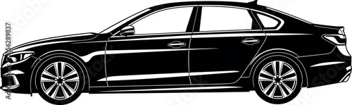 Luxury black sedan car side view silhouette sketch illustration in monochrome engraving style for transport, elegance, and modern travel concept vector design.