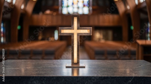 Illuminated wooden cross standing on altar table in empty church sanctuary.