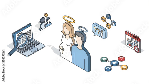Isometric illustration showcasing comprehensive digital support for ideal customers or modern families, integrating online research, community interaction, and strategic planning