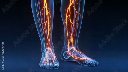 Human Anatomy Legs with glowing orange varicose veins , x-ray 3d Medical illustration, blue background