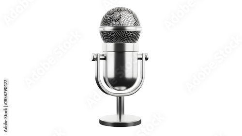 Vintage chrome microphone on stand isolated on white background for podcasting or music