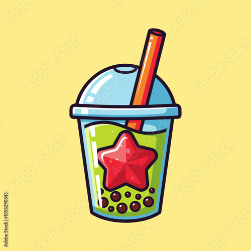 Cartoon Boba Tea with Starfish and Tapioca Pearls Illustration.