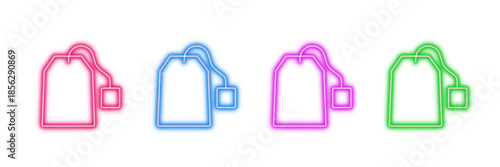 Neon glowing tea bag vector icons set, hot drink, beverage, herbal, refreshment, vibrant colorful digital design illustration on transparent background.