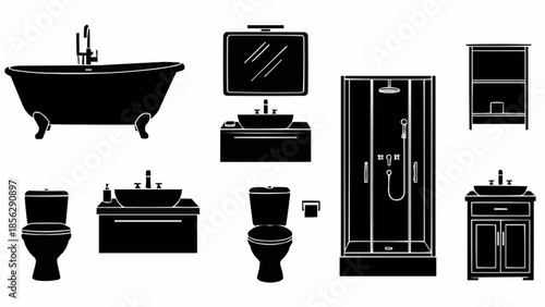 Collection of bathroom fixtures and furniture silhouettes.