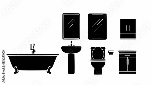 Collection of bathroom fixtures and furniture silhouettes.
