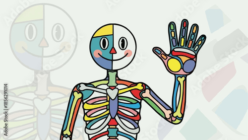 Cartoon human skeleton with colorful bones and friendly face waving.