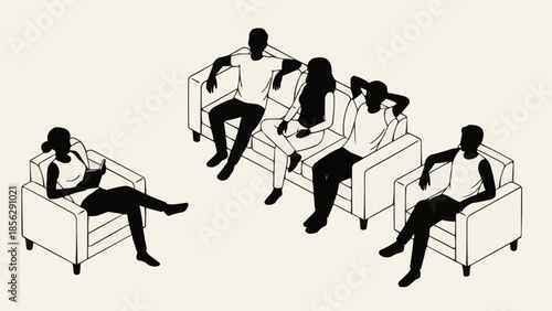 Diverse group of people sitting on sofas in a meeting.