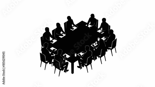 Silhouette of people sitting around a conference table during a meeting.