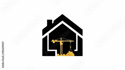 Construction Crane Inside House Silhouette Symbol.